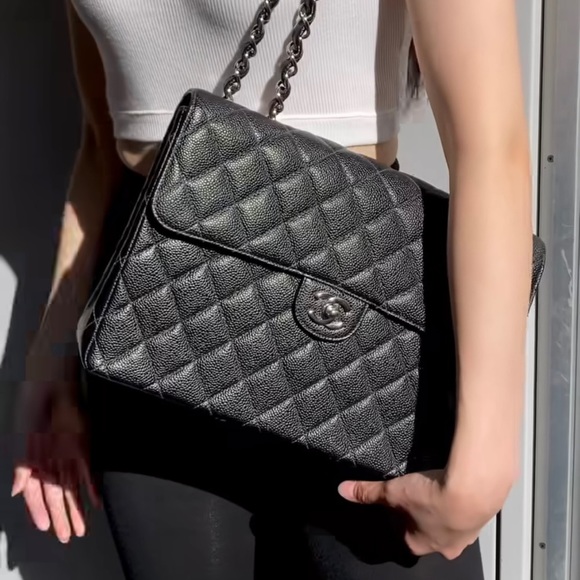 CHANEL Handbags - CHANEL Vintage Jumbo CC Caviar Leather Square Classic Single Flap Bag Quilted